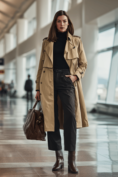 woman wearing a classic trench coat in warm beige over a fitted black turtleneck and tailored straight-leg trousers, paired with leather ankle boots and a structured leather handbag