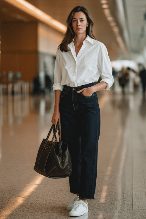 woman wearing a classic white fitted button-down shirt tucked into high-waist straight-leg dark wash jeans, paired with clean white leather sneakers and a structured leather tote bag 