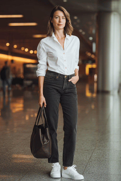 woman wearing a classic white fitted button-down shirt tucked into high-waist straight-leg dark wash jeans, paired with clean white leather sneakers and a structured leather tote bag 
