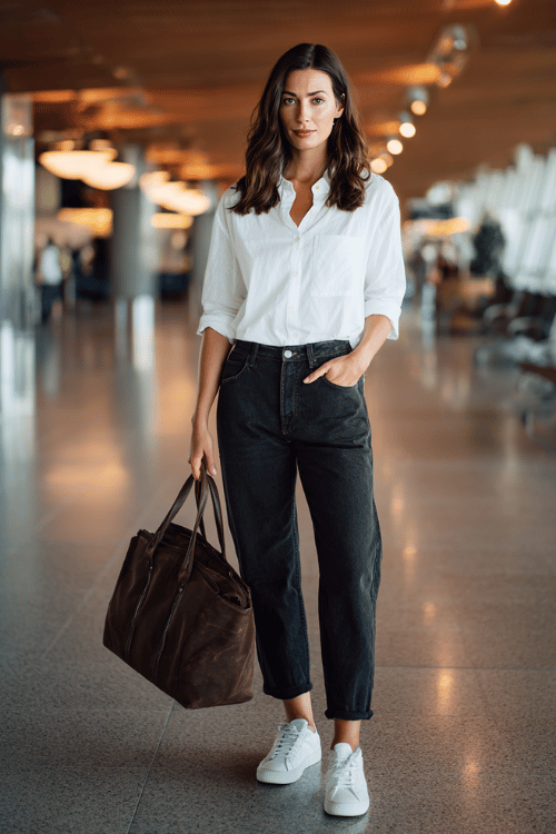 woman wearing a classic white fitted button-down shirt tucked into high-waist straight-leg dark wash jeans, paired with clean white leather sneakers and a structured leather tote bag