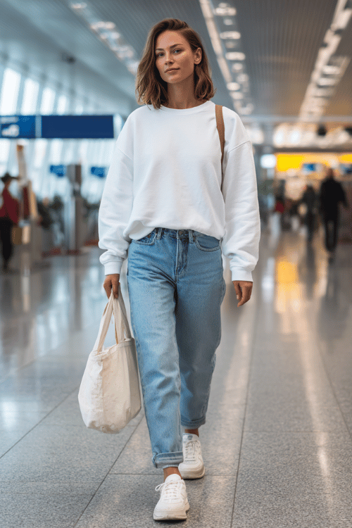 woman wearing a classic white oversized crewneck sweatshirt tucked loosely into high-waist light wash straight-leg jeans, paired with clean white chunky sneakers and a canvas tote bag