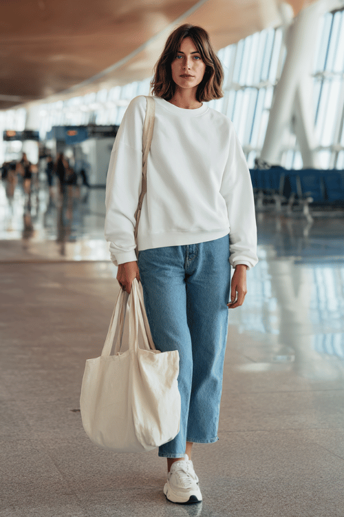 woman wearing a classic white oversized crewneck sweatshirt tucked loosely into high-waist light wash straight-leg jeans, paired with clean white chunky sneakers and a canvas tote bag