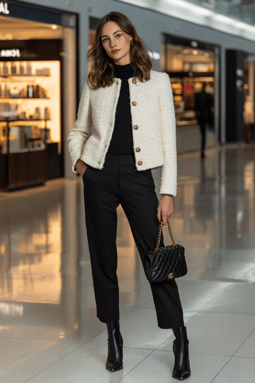 woman wearing a collarless bouclé jacket in soft cream with gold button details over a fitted black turtleneck and tailored slim-fit black trousers