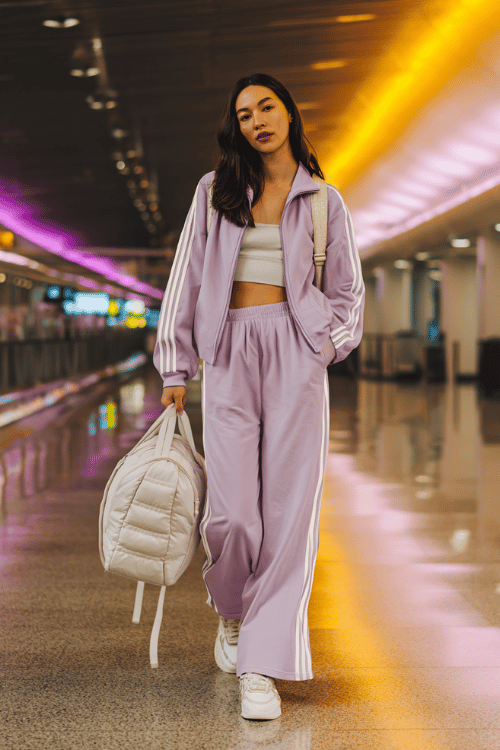 woman wearing a color-blocked athletic set a zip-up track jacket in soft lavender and wide-leg matching sweatpants with white contrast side stripes with thick-soled white sneakers