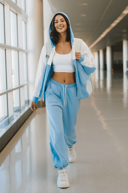 woman wearing a color-blocked zip-up hoodie in baby blue and white over a fitted white tank top and high-waist wide-leg sweatpants in matching baby blue 
