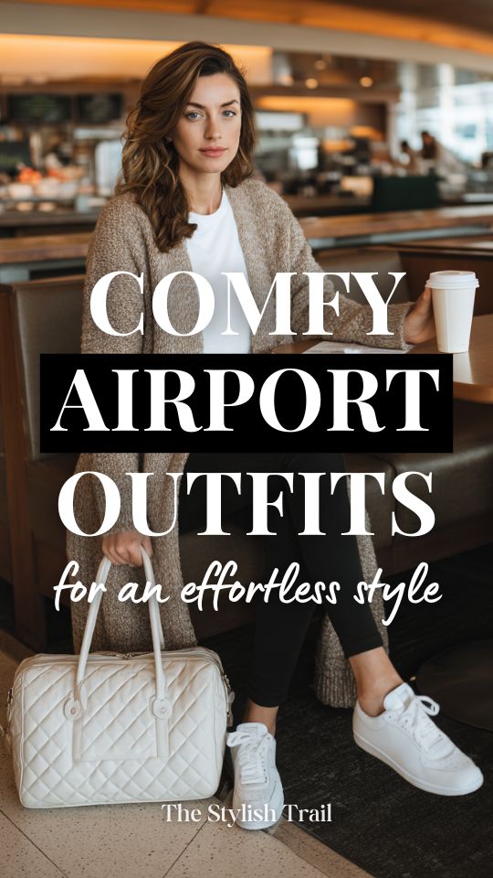 woman wearing a comfy airport outfit with a long cozy cardigan in soft oatmeal over a fitted white long-sleeve shirt and leggings in black, with plush white sneakers