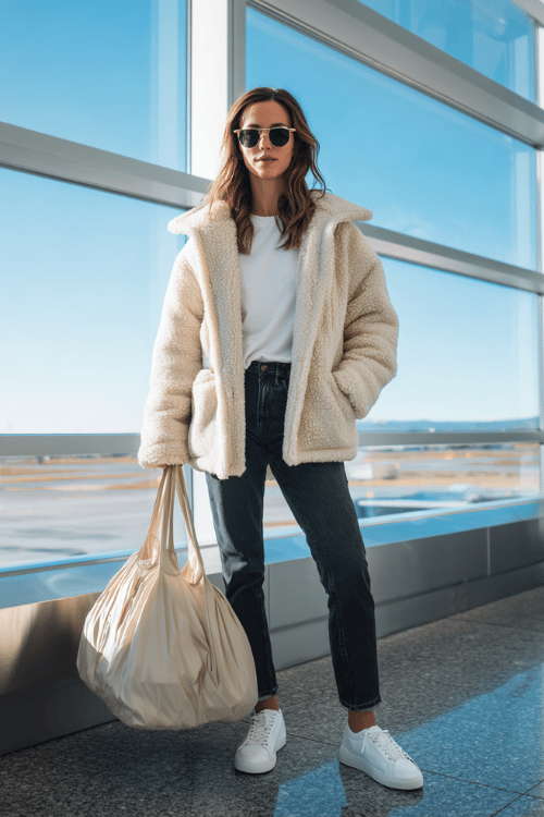 woman wearing a cozy oversized sherpa jacket in warm ivory over a fitted white tee and high-waist skinny dark wash jeans, with white leather sneakers and a large puffer tote bag 