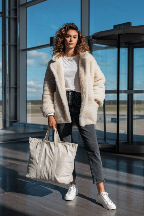 woman wearing a cozy oversized sherpa jacket in warm ivory over a fitted white tee and high-waist skinny dark wash jeans, with white leather sneakers and a large puffer tote bag