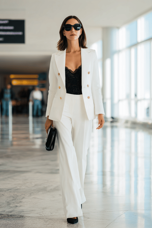 woman wearing a crisp white tailored pantsuit a fitted double-breasted blazer and wide-leg trousers over a delicate black lace camisole, with black pointed-toe stiletto heels 