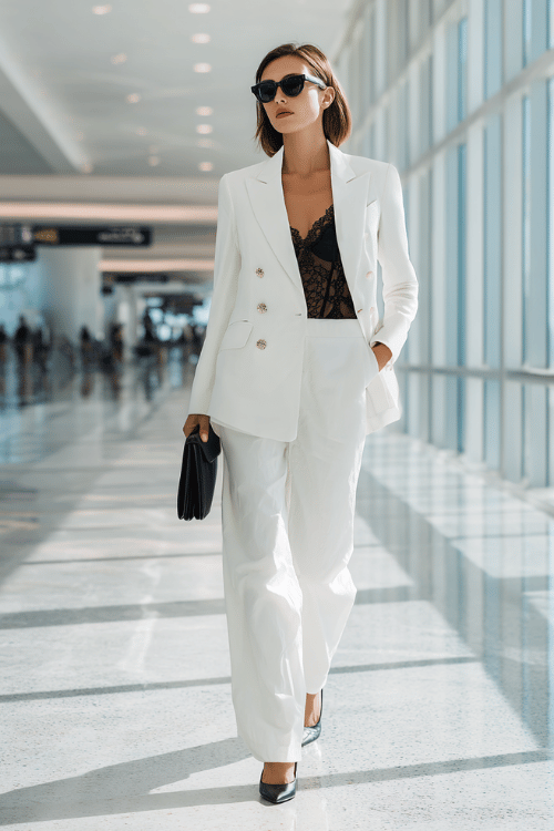 woman wearing a crisp white tailored pantsuit a fitted double-breasted blazer and wide-leg trousers over a delicate black lace camisole, with black pointed-toe stiletto heels