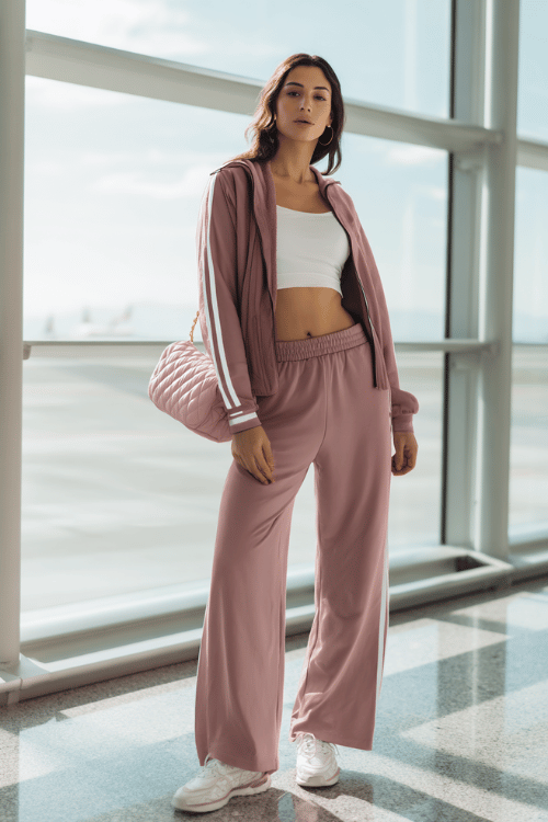 woman wearing a fitted dusty rose zip-up track jacket with white stripe details over a white fitted tee and matching dusty rose wide-leg track pants