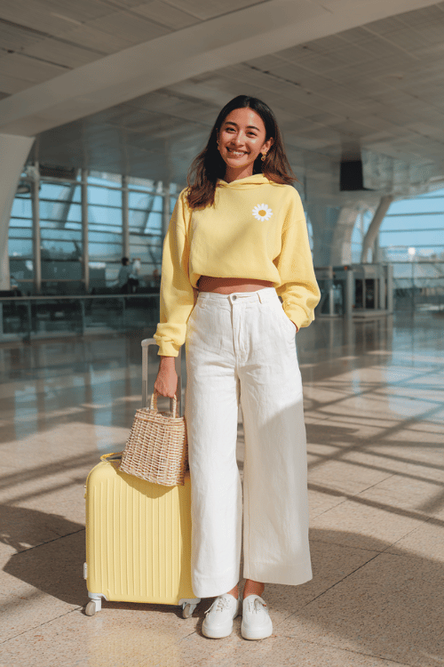 woman wearing a fitted pastel yellow cropped hoodie with a small daisy embroidery, paired with high-waist wide-leg cream trousers and white leather loafers