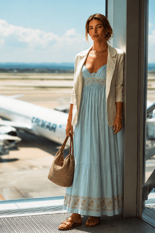 woman wearing a flowy spaghetti-strap maxi dress in sky blue with a delicate floral embroidery hem, layered with a lightweight cream linen blazer, flat strappy sandals