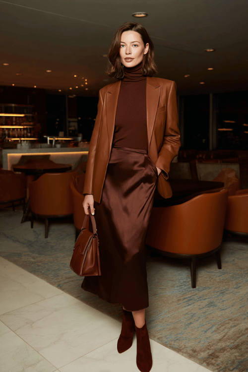 woman wearing a fluid bias-cut midi skirt in rich chocolate brown satin paired with a fitted matching brown turtleneck top and a sharp structured blazer in warm cognac leather 
