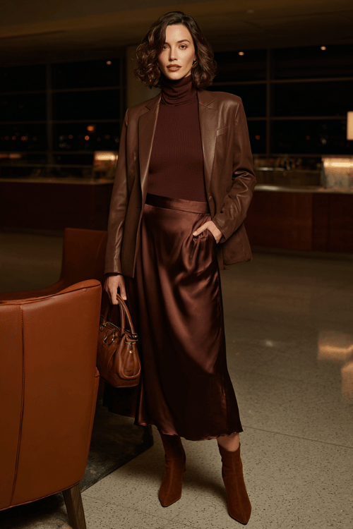 woman wearing a fluid bias-cut midi skirt in rich chocolate brown satin paired with a fitted matching brown turtleneck top and a sharp structured blazer in warm cognac leather