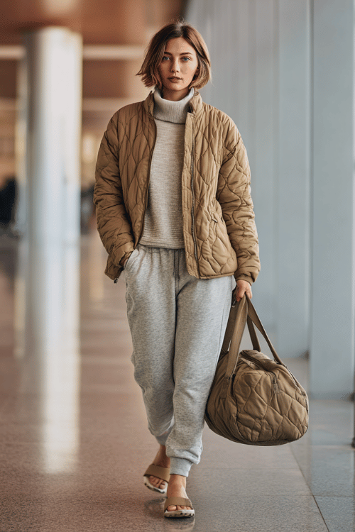 woman wearing a lightweight oversized quilted jacket in warm camel over a simple ribbed turtleneck and relaxed tapered sweatpants in heather grey,