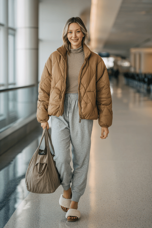 woman wearing a lightweight oversized quilted jacket in warm camel over a simple ribbed turtleneck and relaxed tapered sweatpants in heather grey