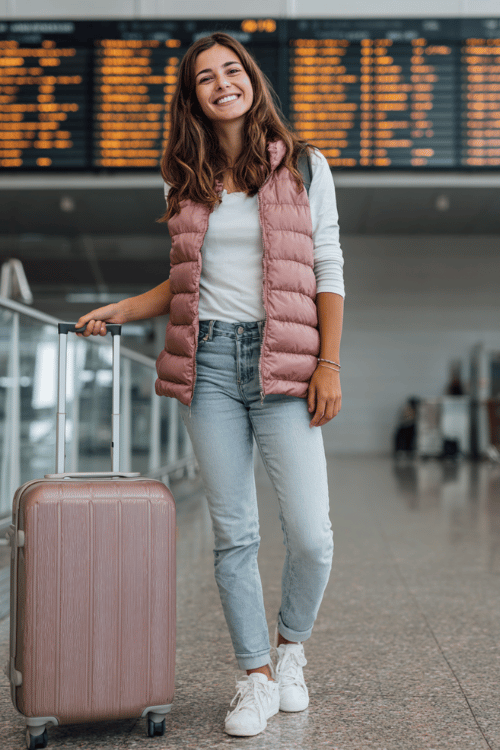 woman wearing a lightweight quilted vest in dusty rose over a simple white long-sleeve shirt and slim-fit light wash jeans, with white lace-up sneakers and a compact rolling luggage