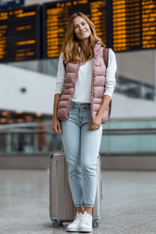 woman wearing a lightweight quilted vest in dusty rose over a simple white long-sleeve shirt and slim-fit light wash jeans, with white lace-up sneakers and a compact rolling luggage