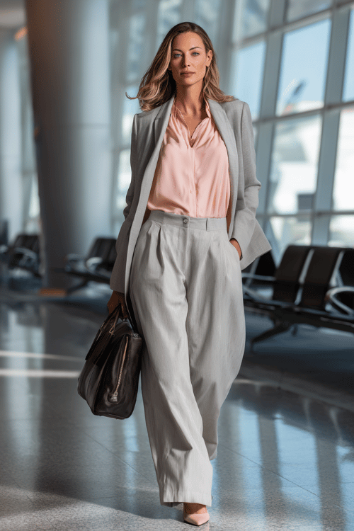 woman wearing a lightweight tailored pantsuit in soft dove grey with a relaxed blazer and wide-leg trousers, paired with a silk blouse in blush pink, pointed-toe heels