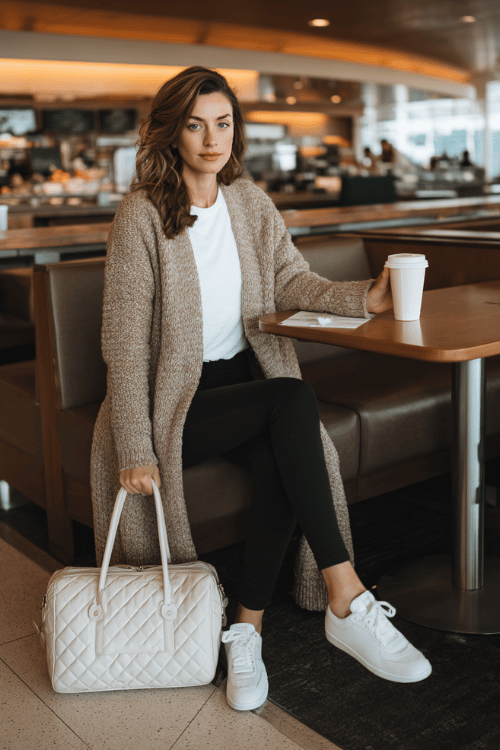 woman wearing a long cozy cardigan in soft oatmeal over a fitted white long-sleeve shirt and stretchy slim-fit leggings in black, with plush white sneakers and a large quilted shoulder bag 