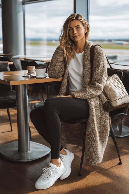 woman wearing a long cozy cardigan in soft oatmeal over a fitted white long-sleeve shirt and stretchy slim-fit leggings in black, with plush white sneakers and a large quilted shoulder bag
