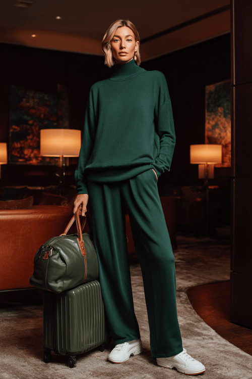 woman wearing a luxurious matching set in deep forest green an oversized mock-neck pullover and wide-leg pants in butter-soft modal fabric with memory foam white sneakers 