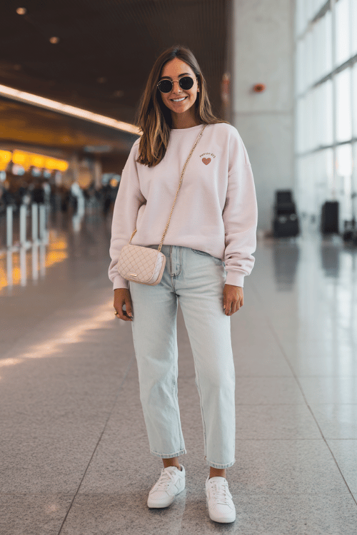 woman wearing a pastel pink oversized crewneck sweatshirt with a small embroidered heart detail, paired with high-waist light wash straight-leg jeans, white leather sneakers