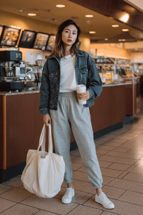woman wearing a relaxed oversized denim jacket over a soft white fitted crew neck tee and high-waist tapered jogger pants in heather grey, with clean white slip-on sneakers