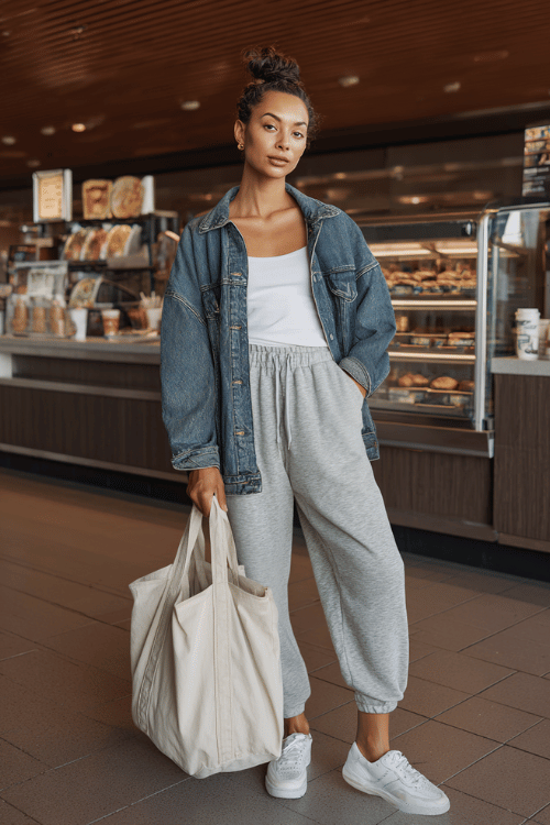 woman wearing a relaxed oversized denim jacket over a soft white fitted crew neck tee and high-waist tapered jogger pants in heather grey, with clean white slip-on sneakers