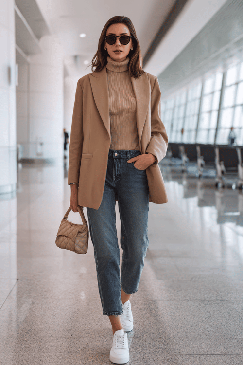 woman wearing a relaxed yet polished oversized blazer in soft camel over a fitted ribbed turtleneck and straight-leg dark denim jeans, with white leather sneakers 