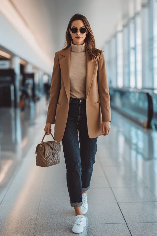 woman wearing a relaxed yet polished oversized blazer in soft camel over a fitted ribbed turtleneck and straight-leg dark denim jeans, with white leather sneakers