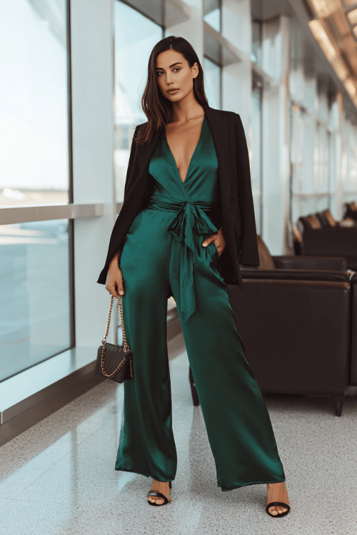woman wearing a rich emerald green satin wide-leg jumpsuit with a deep V-neckline and a self-tie belt, layered with a sharp oversized blazer in black