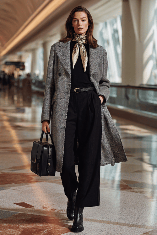woman wearing a sharp oversized herringbone coat in warm grey and black tones belted loosely at the waist over a fitted black mock-neck long-sleeve top and tailored wide-leg black trousers