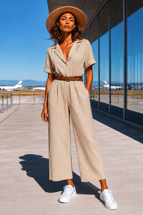 woman wearing a short-sleeve linen jumpsuit in warm sand beige with a relaxed fit and wide legs, cinched with a braided leather belt, white sneakers and a large straw hat