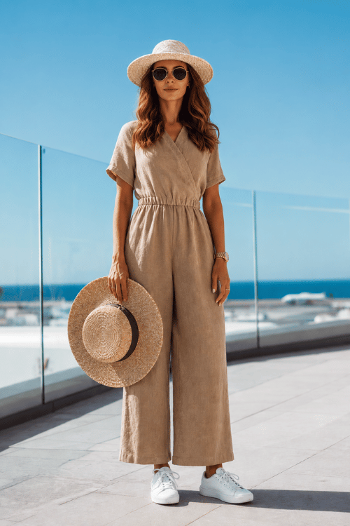 woman wearing a short-sleeve linen jumpsuit in warm sand beige with a relaxed fit and wide legs, cinched with a braided leather belt, white sneakers and a large straw hat 
