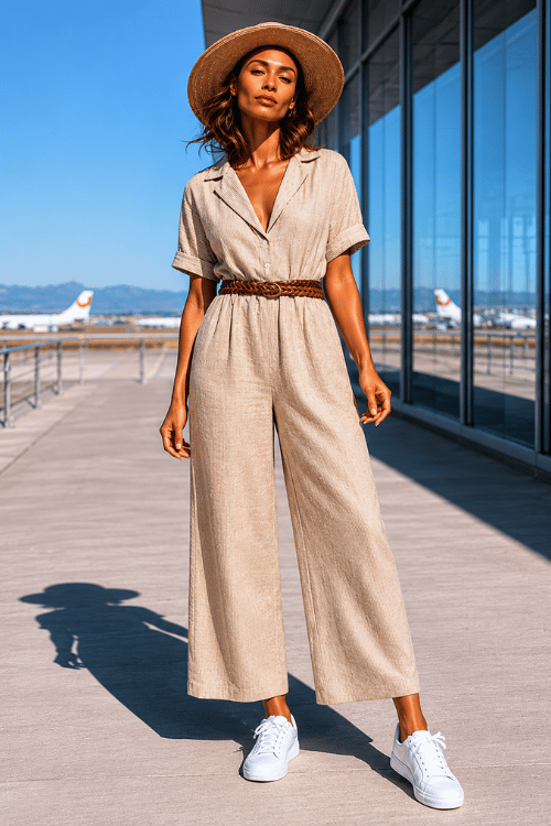 woman wearing a short-sleeve linen jumpsuit in warm sand beige with a relaxed fit and wide legs, cinched with a braided leather belt, white sneakers and a large straw hat