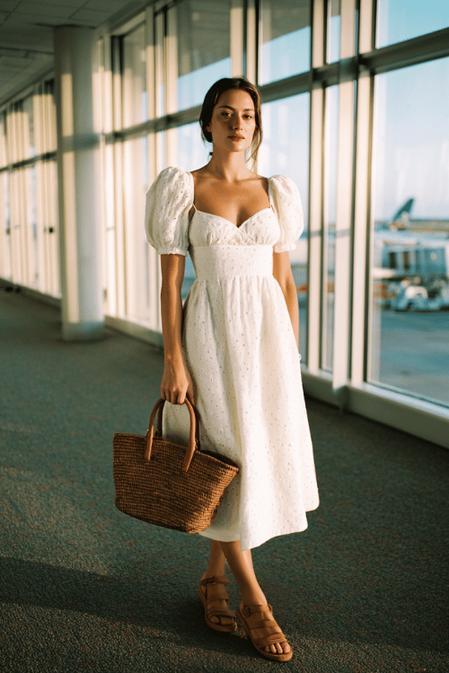 woman wearing a soft cottagecore-inspired white eyelet linen dress with puffed short sleeves and a midi length, paired with tan leather strappy sandals and a vintage woven basket bag