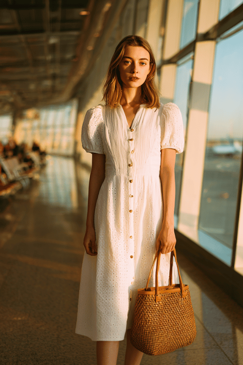 woman wearing a soft cottagecore-inspired white eyelet linen dress with puffed short sleeves and a midi length, paired with tan leather strappy sandals and a vintage woven basket bag