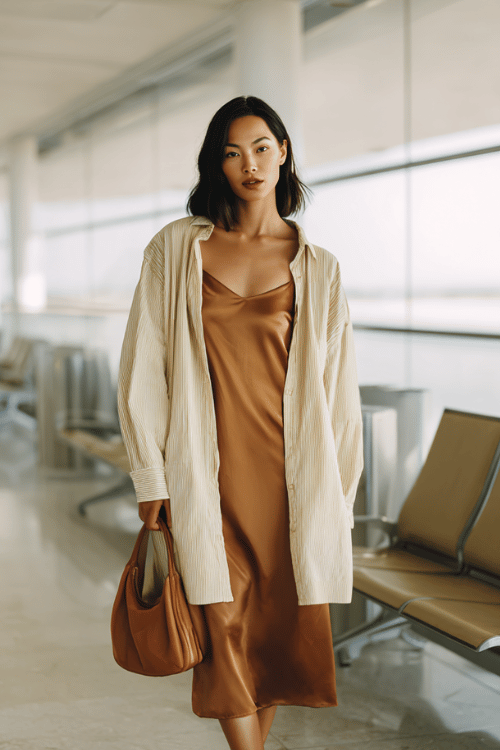 woman wearing a soft minimalist aesthetic outfit a silky bias-cut slip dress in warm mocha with thin adjustable straps layered under a lightweight oversized beige linen shirt worn open