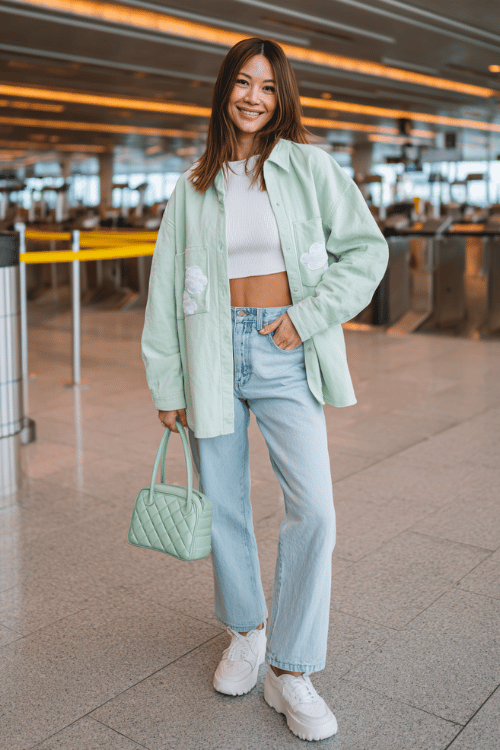 woman wearing a soft mint green oversized button-up shacket with cute cloud embroidery details over a fitted white ribbed crop top and high-waist light wash wide-leg jeans