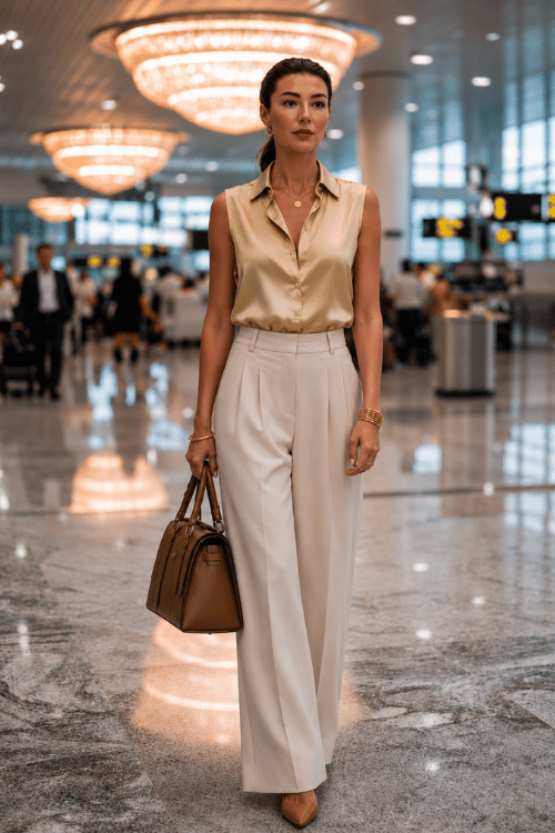 woman wearing a soft old money aesthetic summer outfit a sleeveless silk blouse in pale champagne tucked into tailored high-waist wide-leg trousers in warm ivory with pointed-toe leather mules