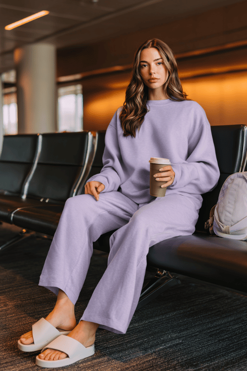 woman wearing a soft pastel lavender oversized crewneck sweatshirt with matching wide-leg sweatpants, paired with cloud slide sandals and a mini backpack 