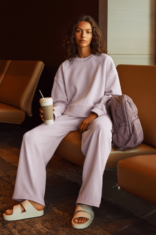 woman wearing a soft pastel lavender oversized crewneck sweatshirt with matching wide-leg sweatpants, paired with cloud slide sandals and a mini backpack