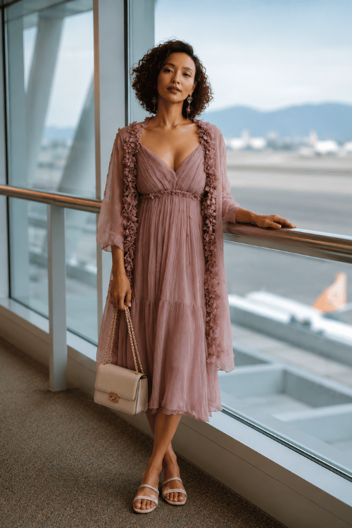 woman wearing a soft romantic aesthetic midi dress in dusty lilac with flowy chiffon fabric and delicate floral appliqué details, layered with a sheer matching kimono, flat pearl-embellished sandals