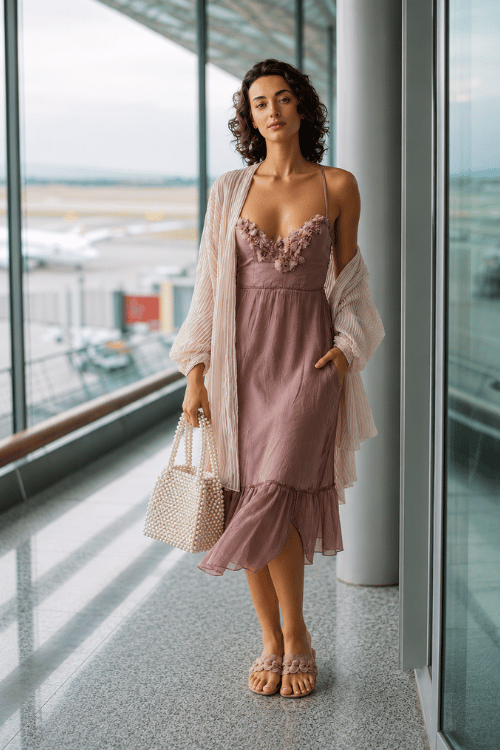 woman wearing a soft romantic aesthetic midi dress in dusty lilac with flowy chiffon fabric and delicate floral appliqué details, layered with a sheer matching kimono