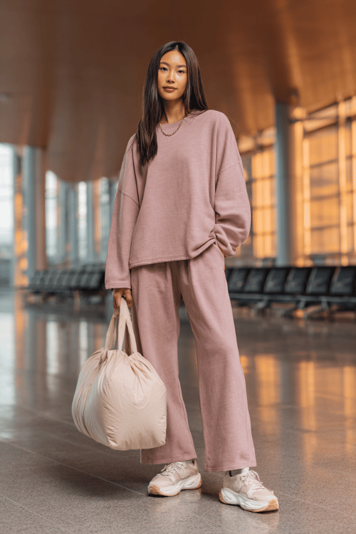 woman wearing a super soft matching loungewear set in dusty pink an oversized pullover sweatshirt and wide-leg fleece pants with cushioned white cloud sneakers