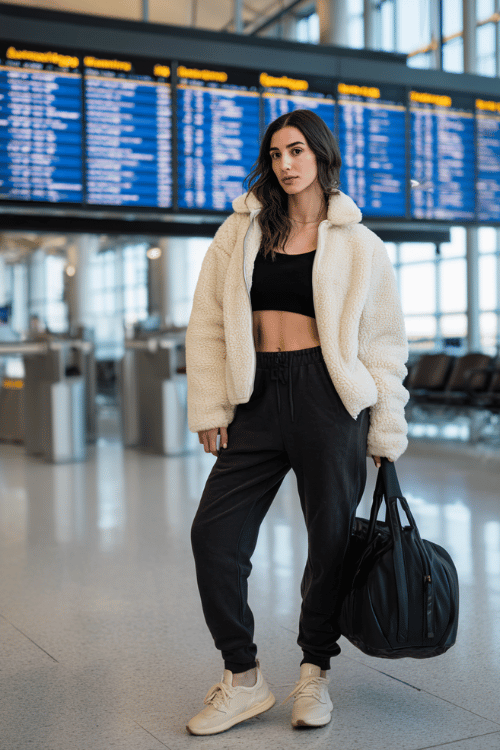woman wearing a warm oversized teddy bear fleece jacket in ivory over a fitted black ribbed tank and high-waist straight-leg dark joggers, with cloud foam slip-on shoes