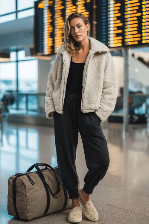 woman wearing a warm oversized teddy bear fleece jacket in ivory over a fitted black ribbed tank and high-waist straight-leg dark joggers, with cloud foam slip-on shoes
