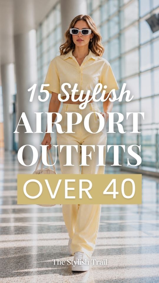 woman wearing an airport outfit with a vintage-inspired matching co-ord set in butter yellow a cropped short-sleeve shirt and high-waist wide-leg trousers with retro white sunglasses